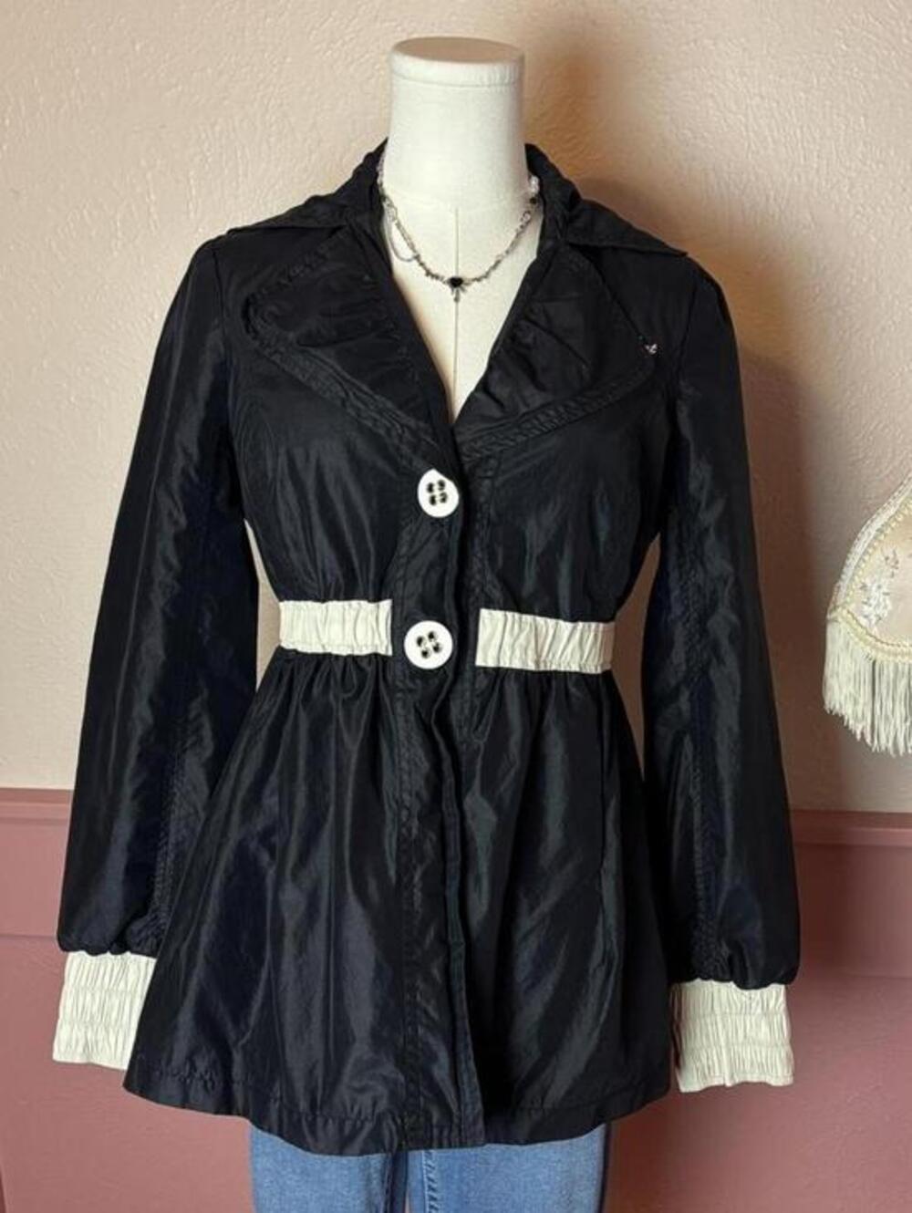 baby phat y2k rain coat black white sz small button zip pockets 2000s